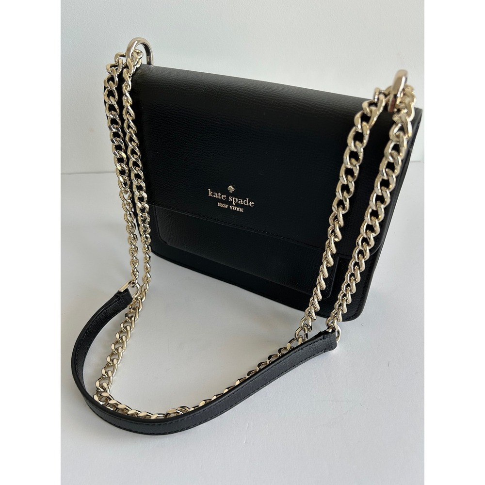 Kate Spade New York Black Pebbled Leather Crossbody Bag Gold Chain Strap